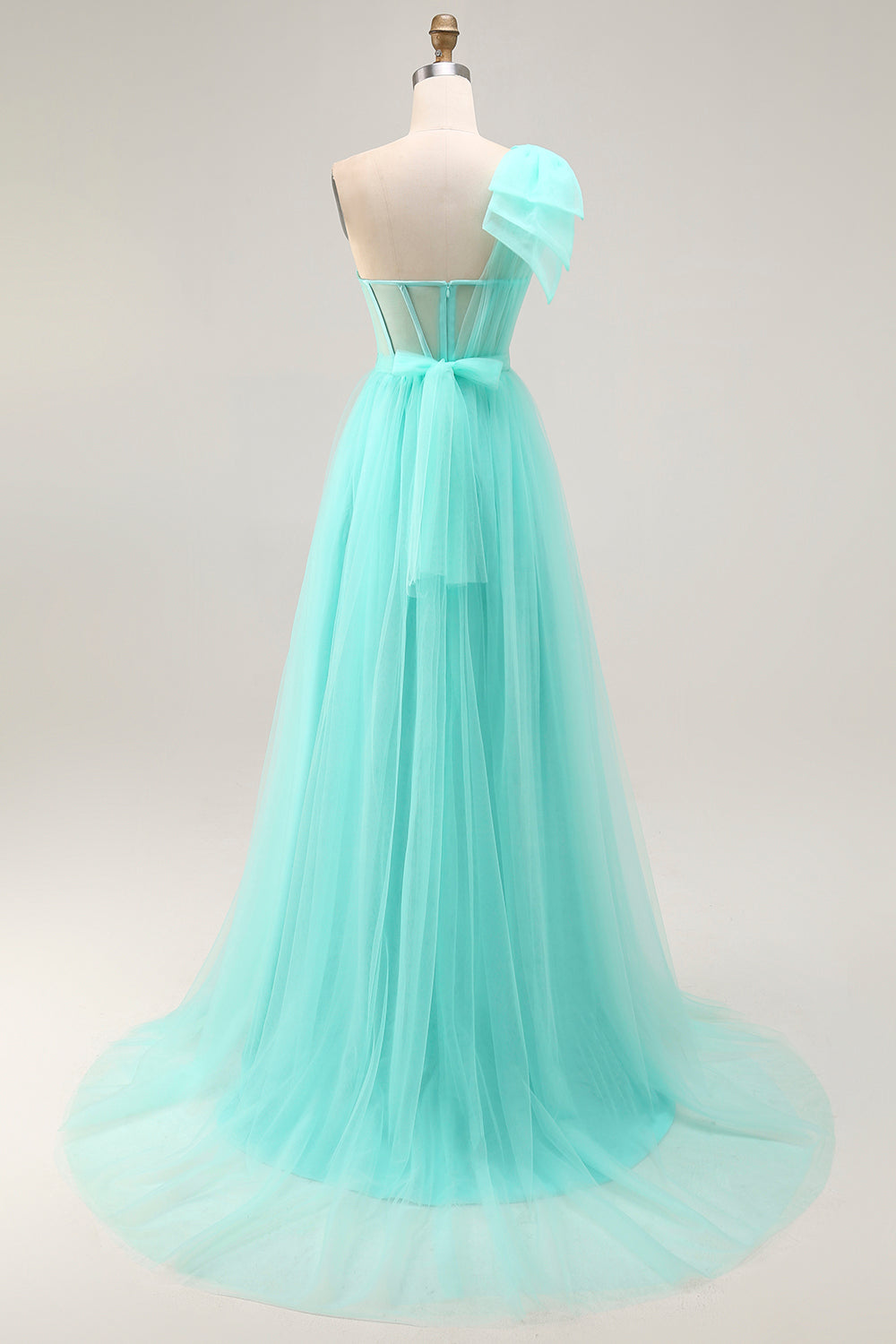 Mint Green A Line One Shoulder Corset Long Prom Dress With Slit