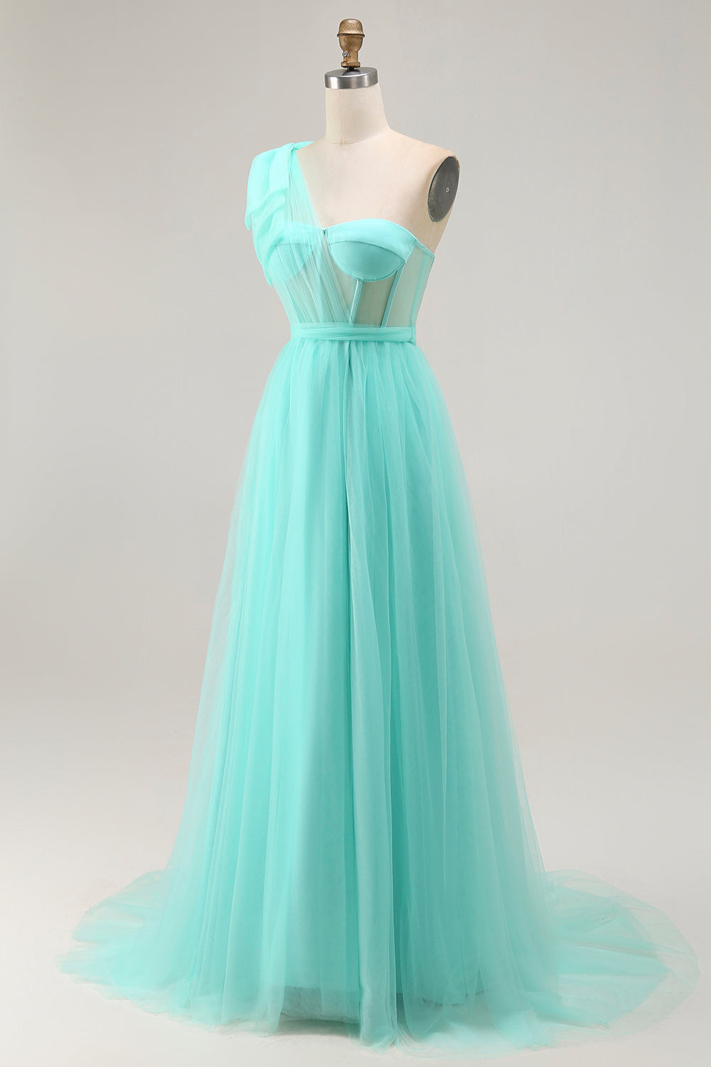 Mint Green A Line One Shoulder Corset Long Prom Dress With Slit