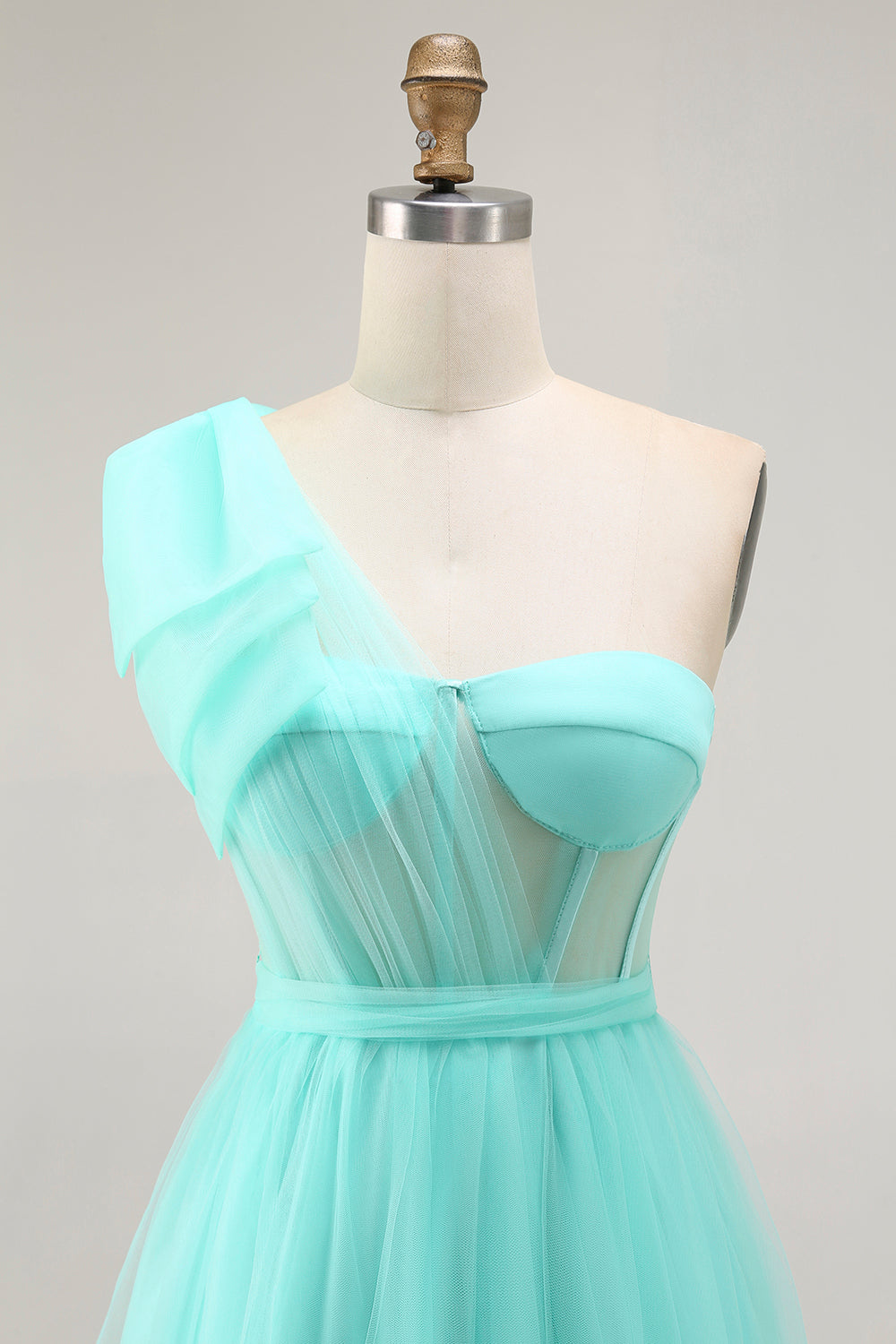 Mint Green A Line One Shoulder Corset Long Prom Dress With Slit