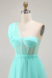 Mint Green A Line One Shoulder Corset Long Prom Dress With Slit
