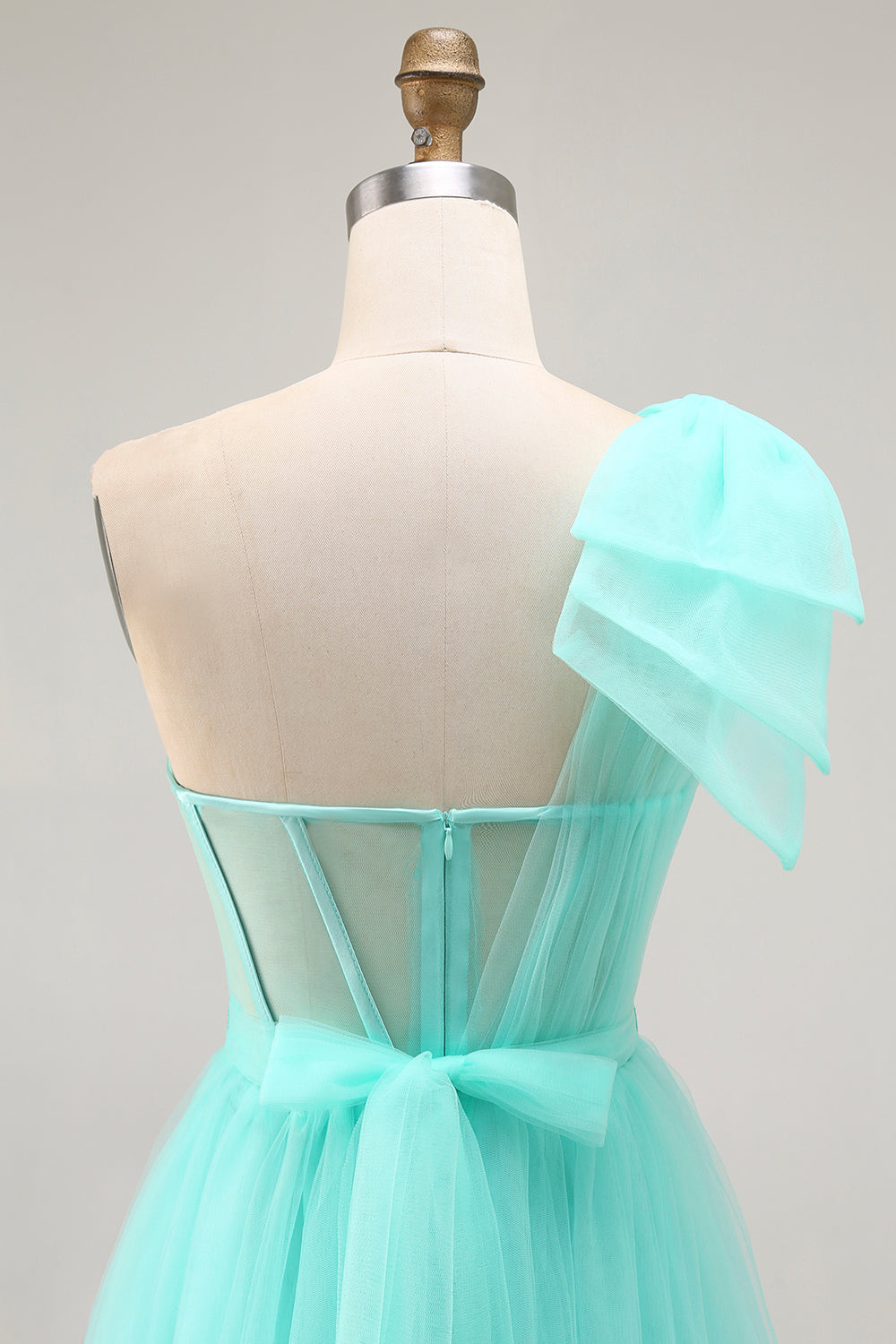 Mint Green A Line One Shoulder Corset Long Prom Dress With Slit