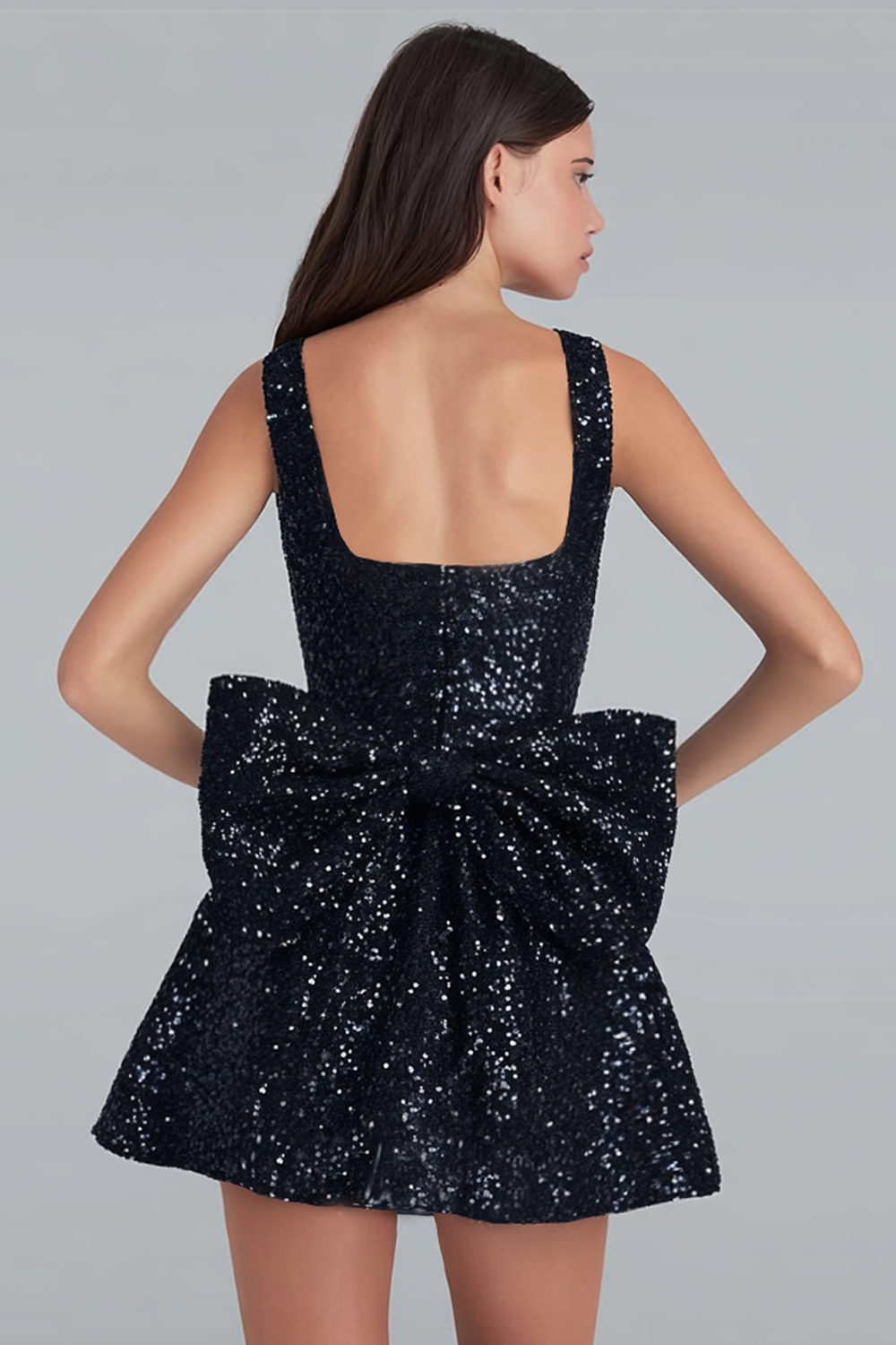 Sparkly Ivory A Line Square Neck Sequins Short Prom Dress with Back Giant Bow