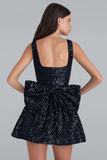 Sparkly Ivory A Line Square Neck Sequins Short Prom Dress with Back Giant Bow