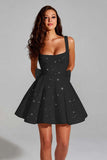 Sparkly Ivory A Line Square Neck Sequins Short Prom Dress with Back Giant Bow