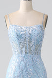 Sky Blue Sparkly Mermaid Corset Prom Dress with Sequins