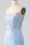 Sky Blue Sparkly Mermaid Corset Prom Dress with Sequins