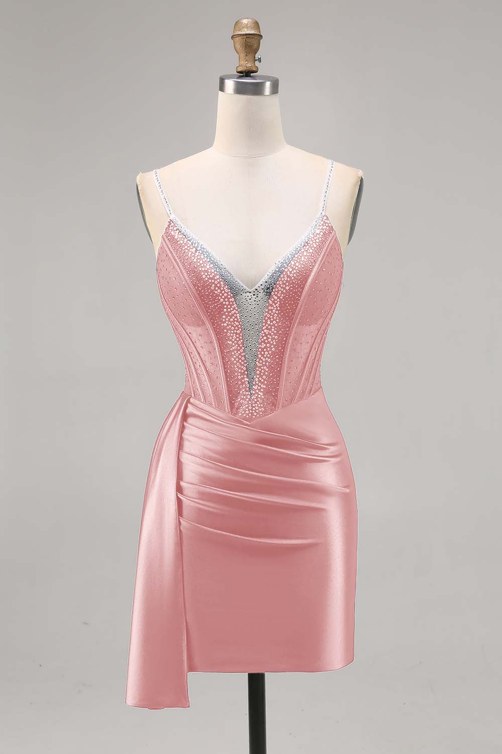 Navy Satin Beaded Corset Cocktail Dress with Sash