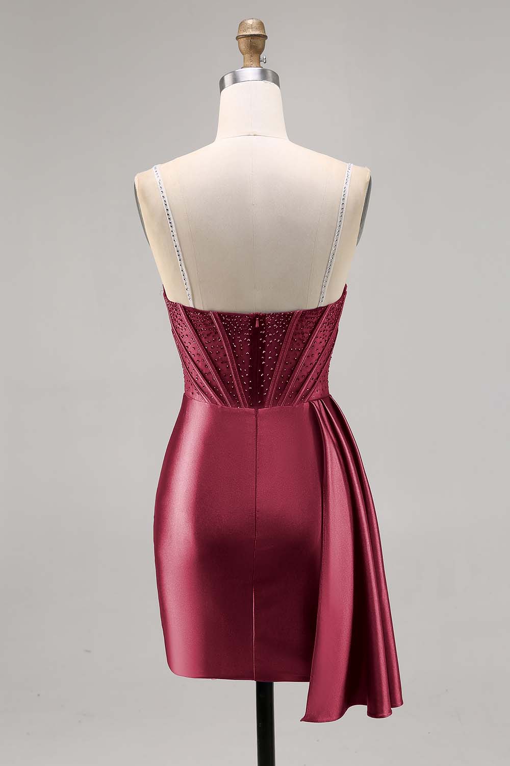 Navy Satin Beaded Corset Cocktail Dress with Sash