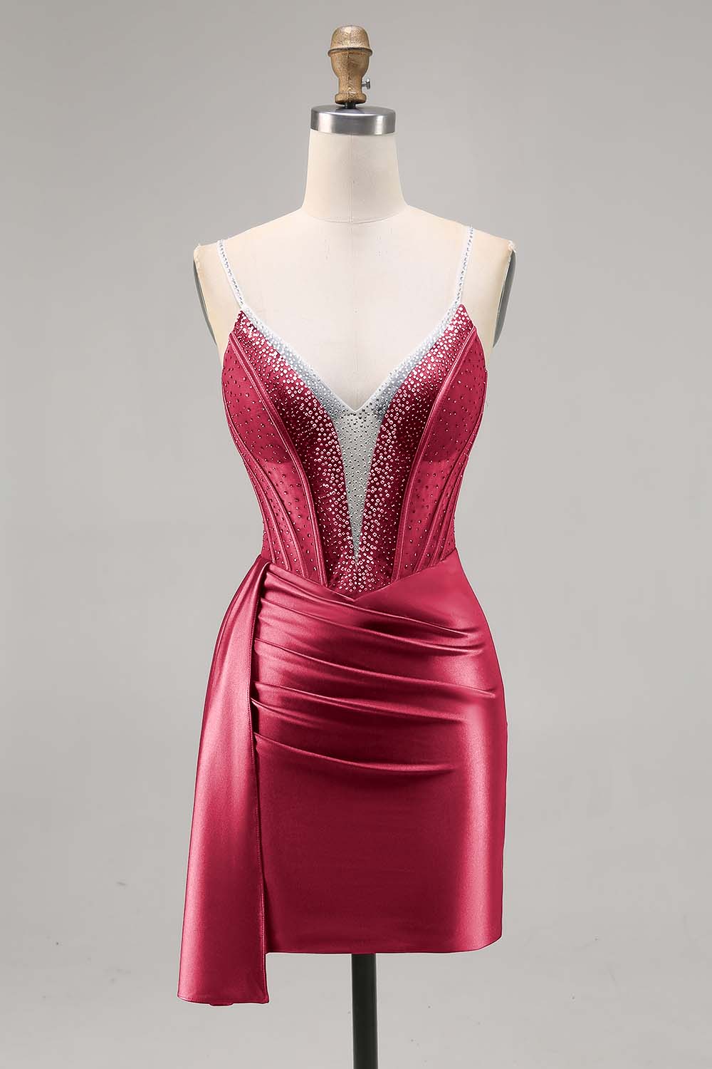 Navy Satin Beaded Corset Cocktail Dress with Sash