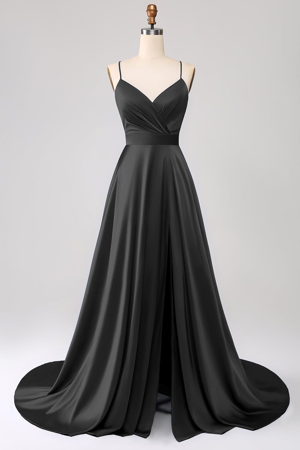 Royal Blue A Line Spaghetti Straps Satin Prom Dress with Slit