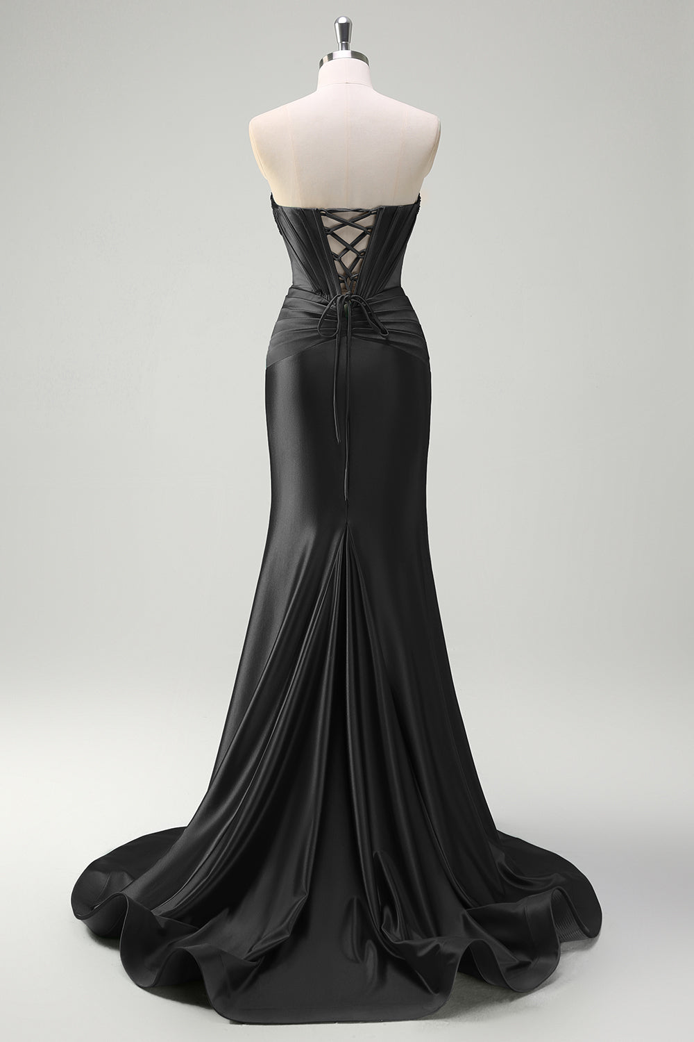 Sparkly Sage Mermaid Strapless Beaded Corset Ruched Satin Prom Dress with Slit