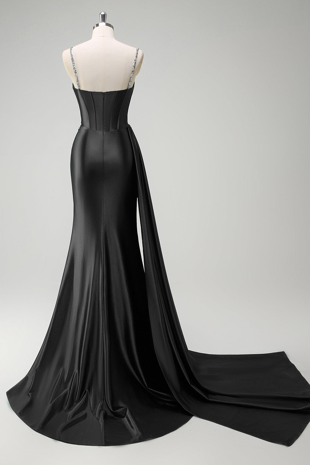Sparkly Black Mermaid Side Streamer Sequined Corset Satin Prom Dress with Slit