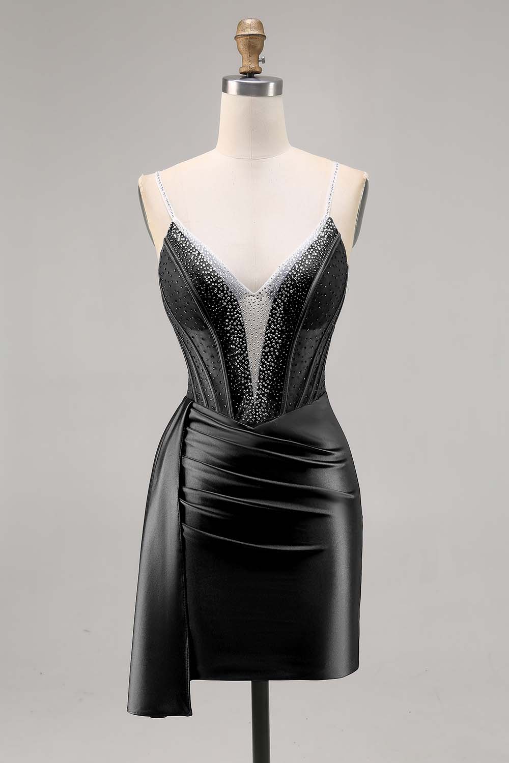 Navy Satin Beaded Corset Cocktail Dress with Sash