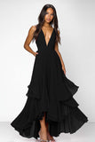 Red Deep V Neck Ruched Ruffles A Line Formal Dress