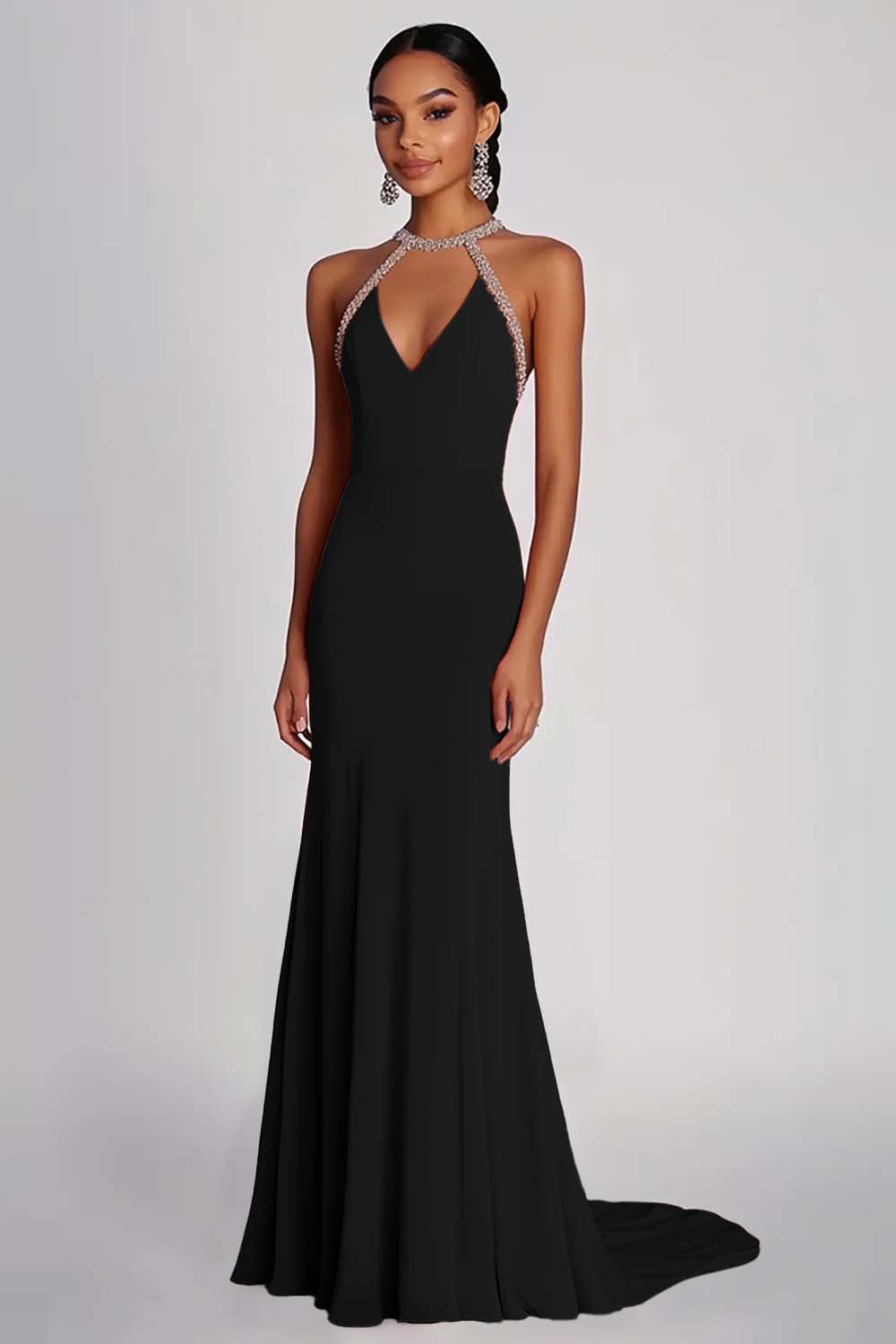 Sheath Pink Beaded Halter Long Chiffon Formal Dress