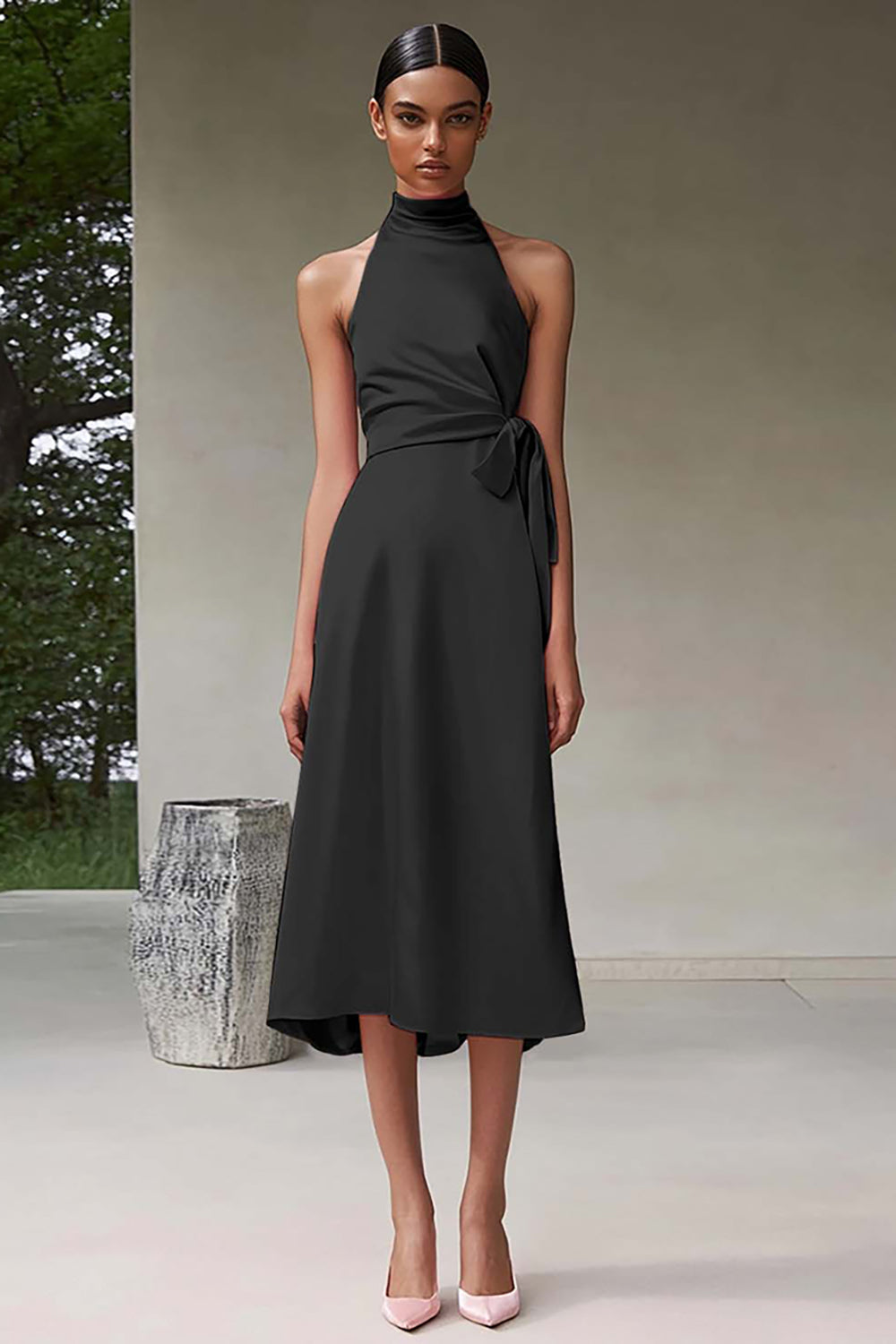 Pink A Line Halter Tea Length Satin Formal Dress