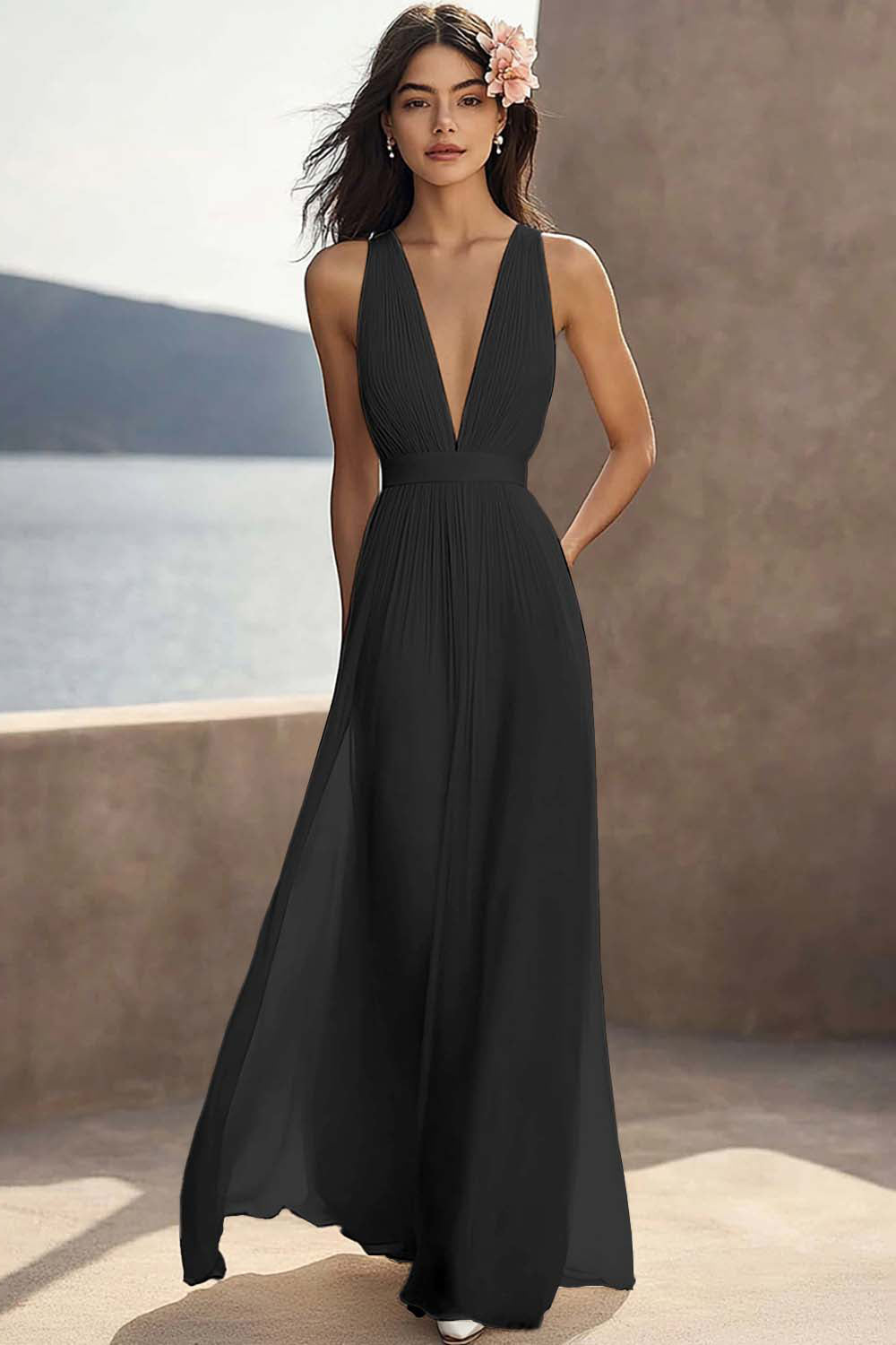 Ivory Ruched Chiffon Deep V-Neck Maxi Beach Engagement Dress