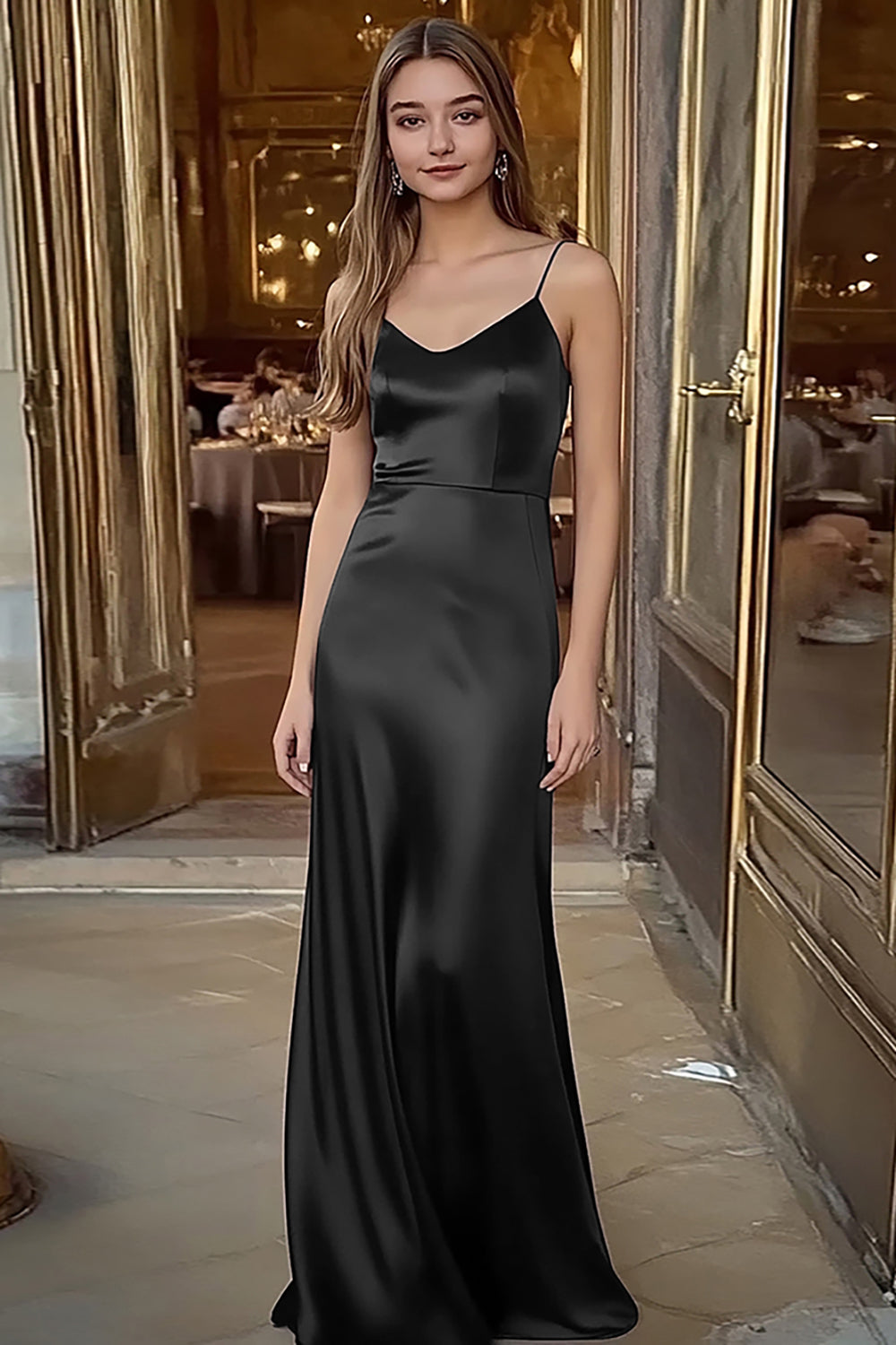 Spaghetti Straps Coffee Satin Long Formal Dress