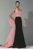 Black and Red Strapless Mermaid Long Formal Dress with Bow
