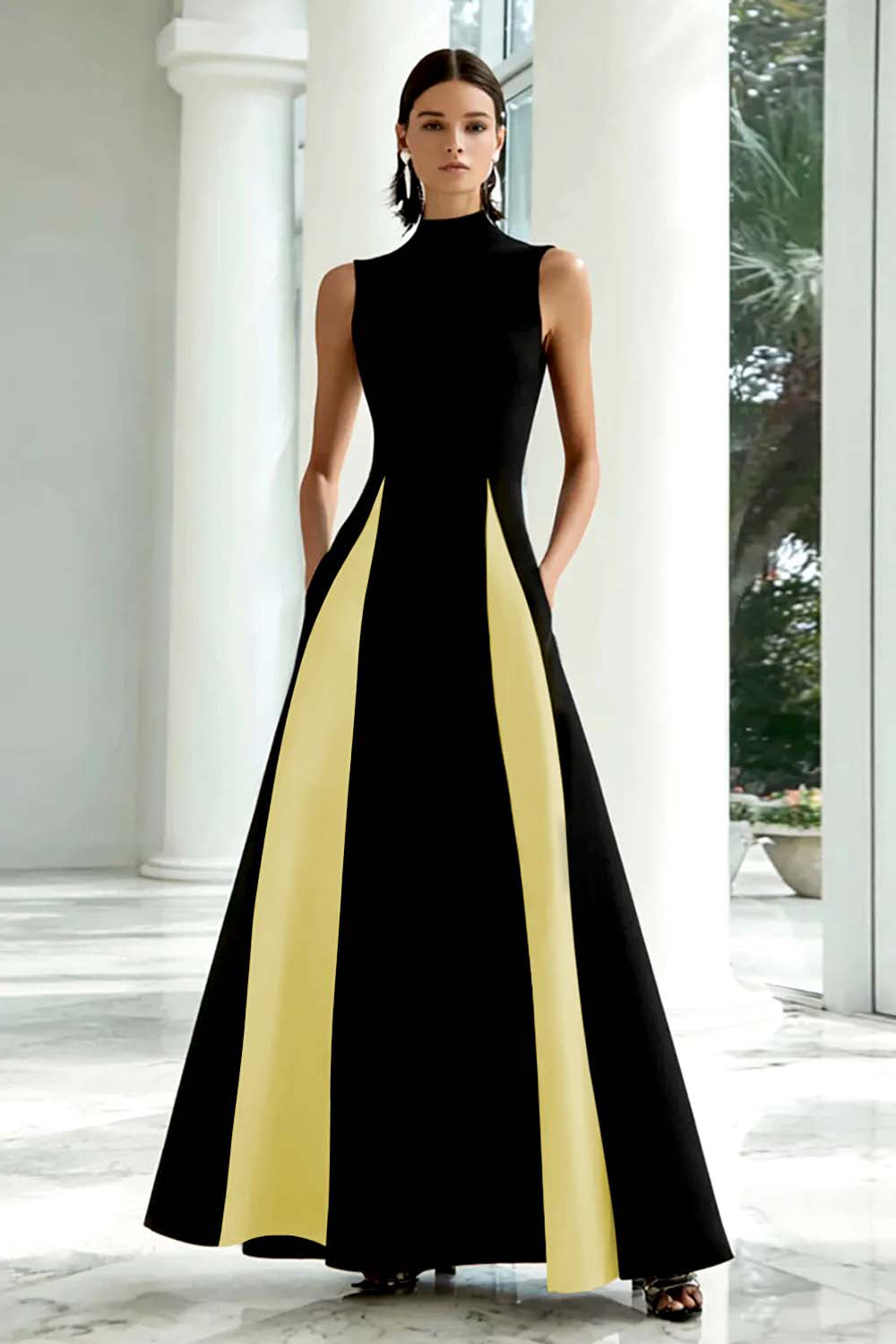 Elegant A-Line Black and White High Neck Long Formal Dress