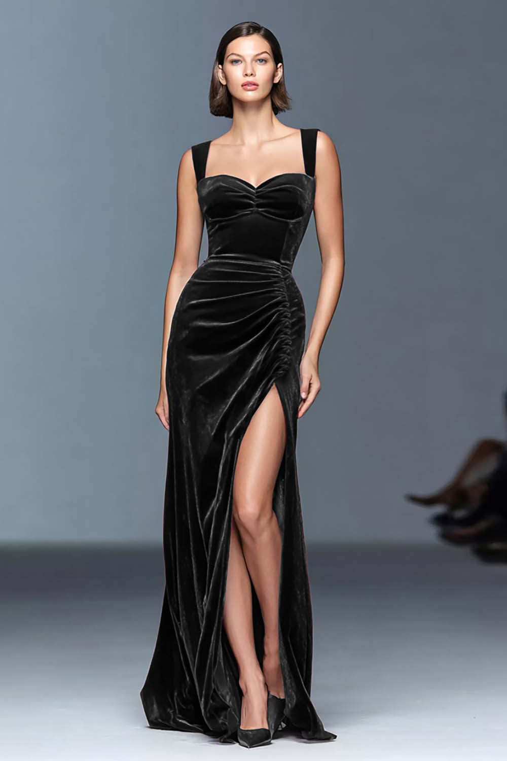 Burgundy A-Line Velvet Ruched Long Formal Dress
