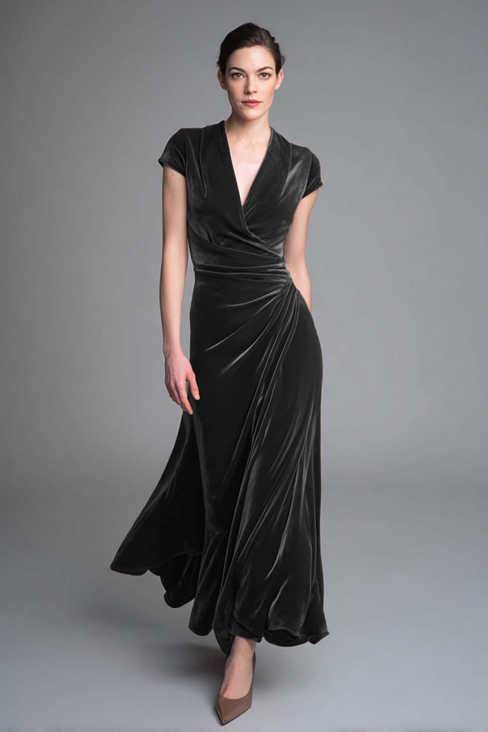 Velvet Caramel Ruched V Neck Long Holiday Party Dress