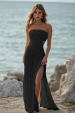 Strapless White A Line Pleated Beach Dress with Slit