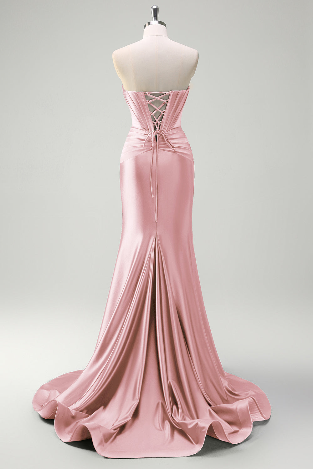 Sparkly Sage Mermaid Strapless Beaded Corset Ruched Satin Prom Dress with Slit