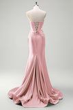 Sparkly Sage Mermaid Strapless Beaded Corset Ruched Satin Prom Dress with Slit