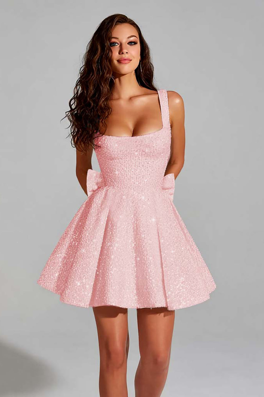 Sparkly Ivory A Line Square Neck Sequins Short Prom Dress with Back Giant Bow