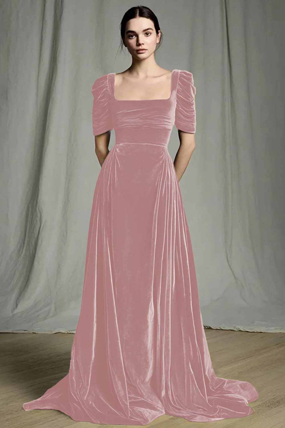 Olive A-Line Square Neck Velvet Long Formal Dress