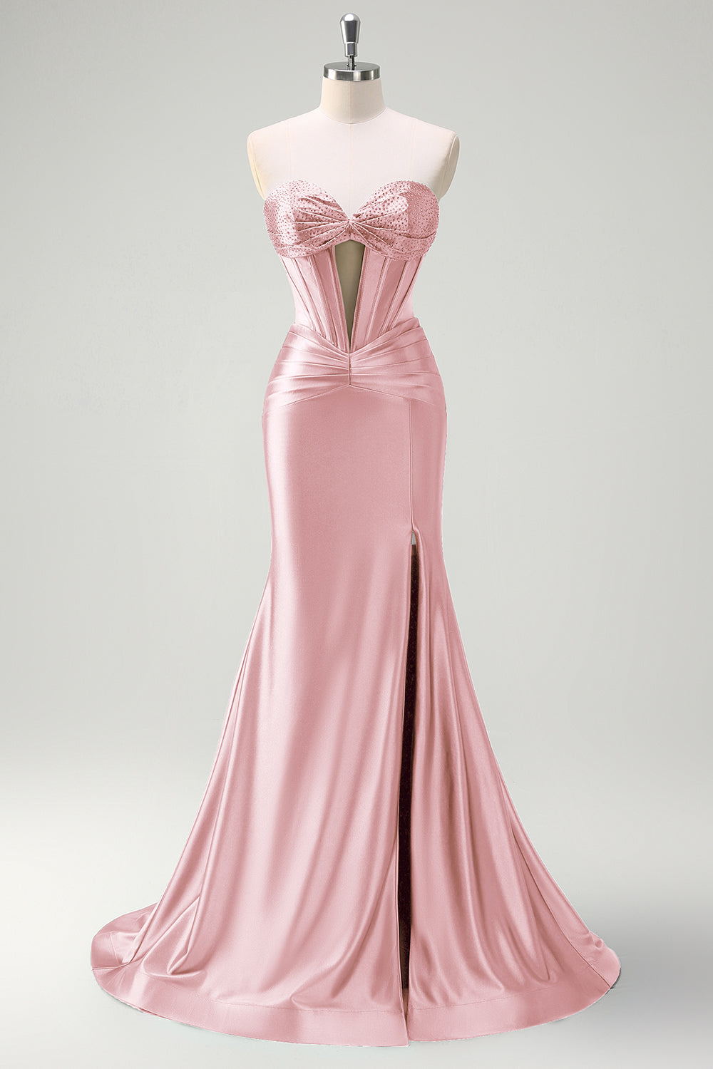 Sparkly Sage Mermaid Strapless Beaded Corset Ruched Satin Prom Dress with Slit