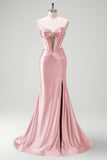 Sparkly Sage Mermaid Strapless Beaded Corset Ruched Satin Prom Dress with Slit