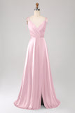 Simple Dark Green Spaghetti Straps Ruched Prom Dress with Slit