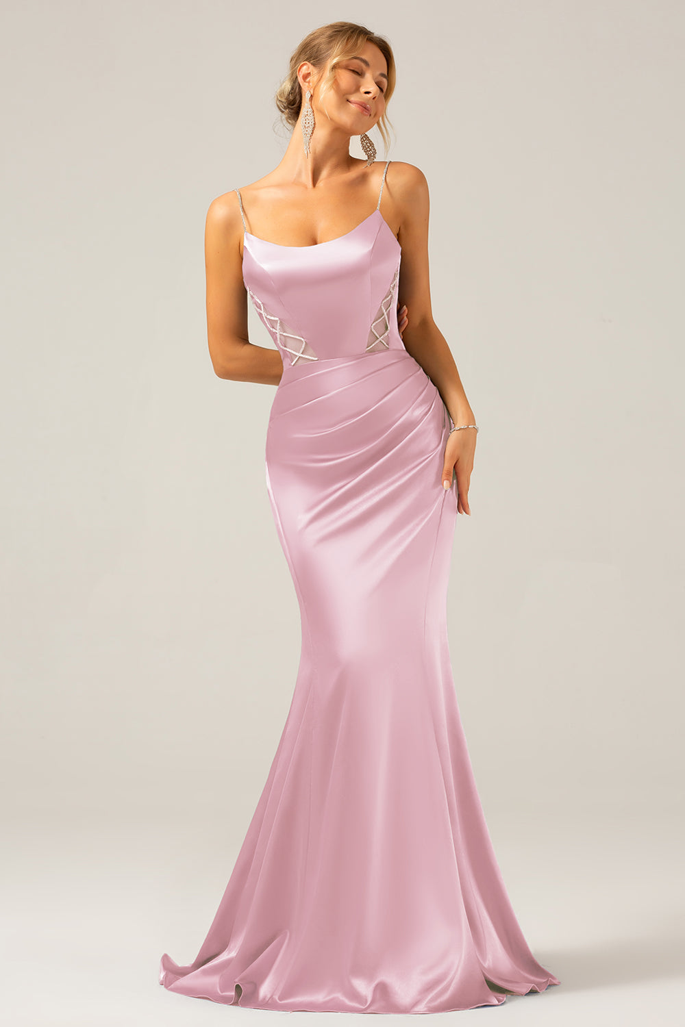 Mermaid Grey Blue Satin Spaghetti Straps Pleated Maxi Dress