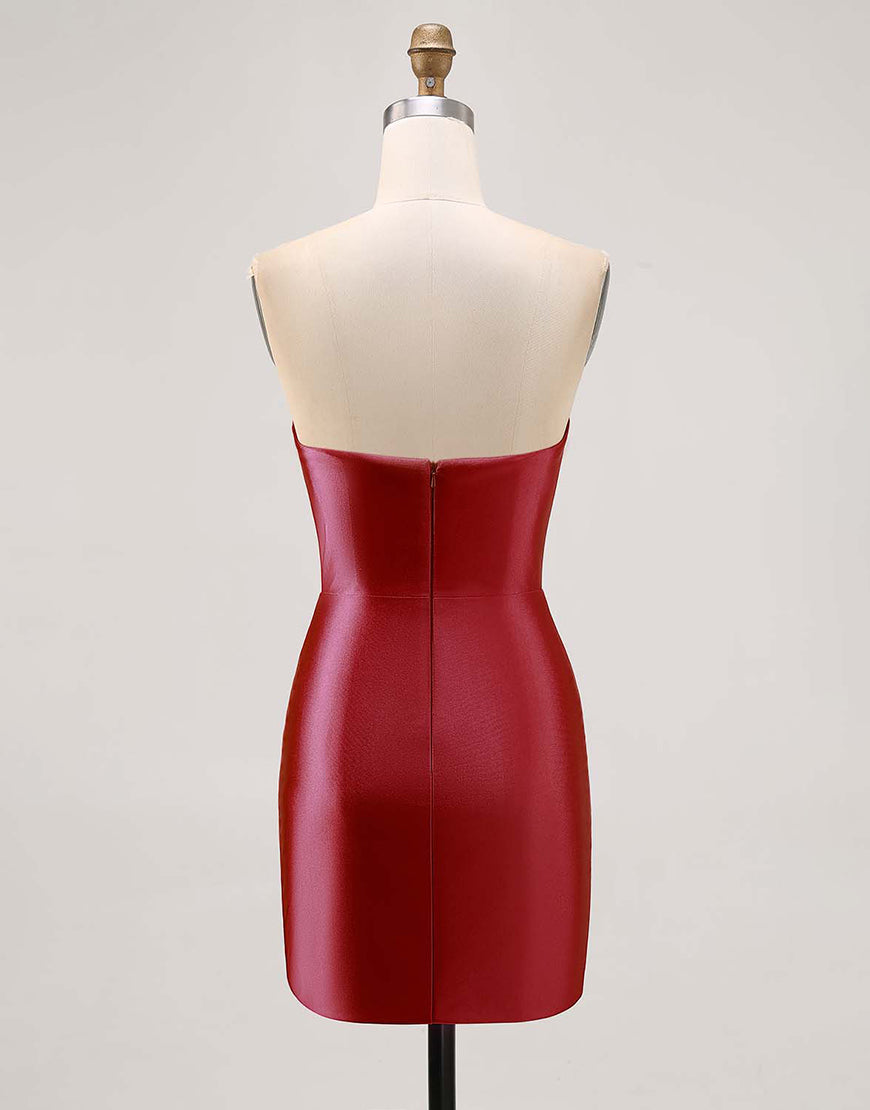 Fuchsia Strapless Beaded Bodycon Short Prom Dress with Slit