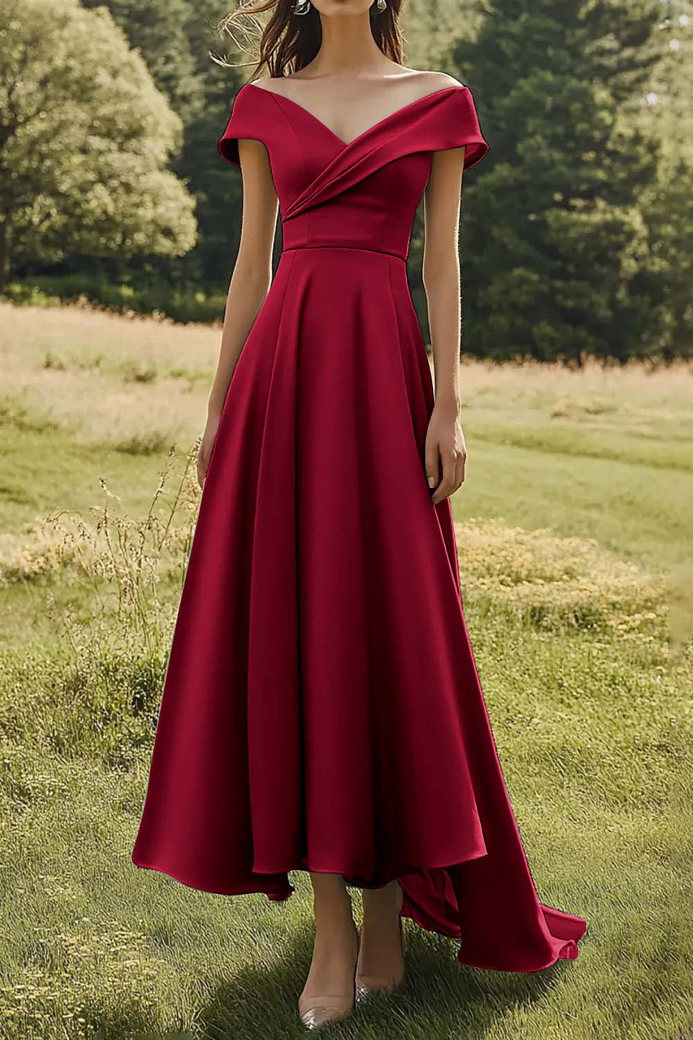 Sage Off The Shoulder Slim Formal Dress with Wide Hem