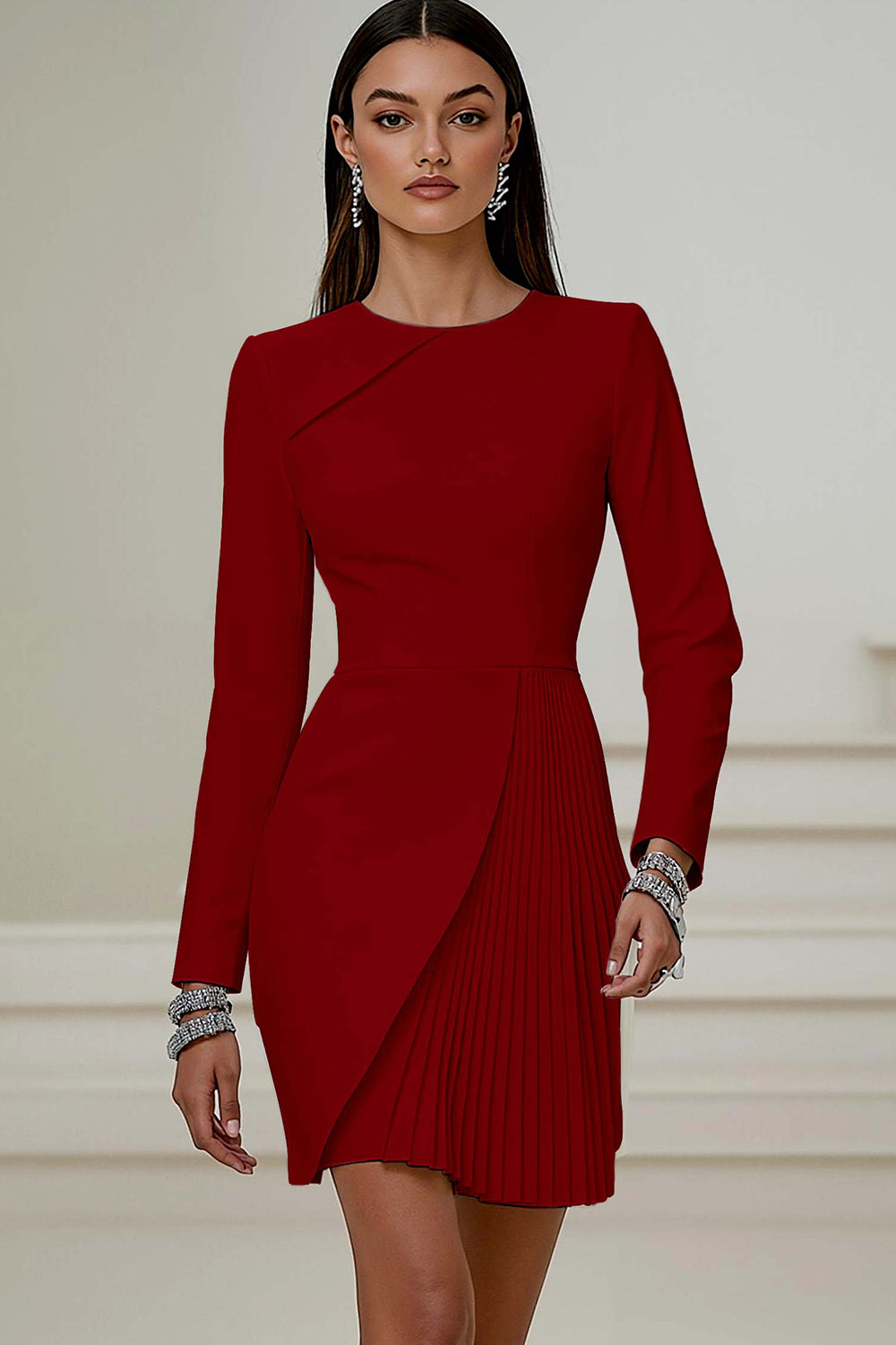 Ivory Asymmetrical Pleated Work Dress with Long Sleeves