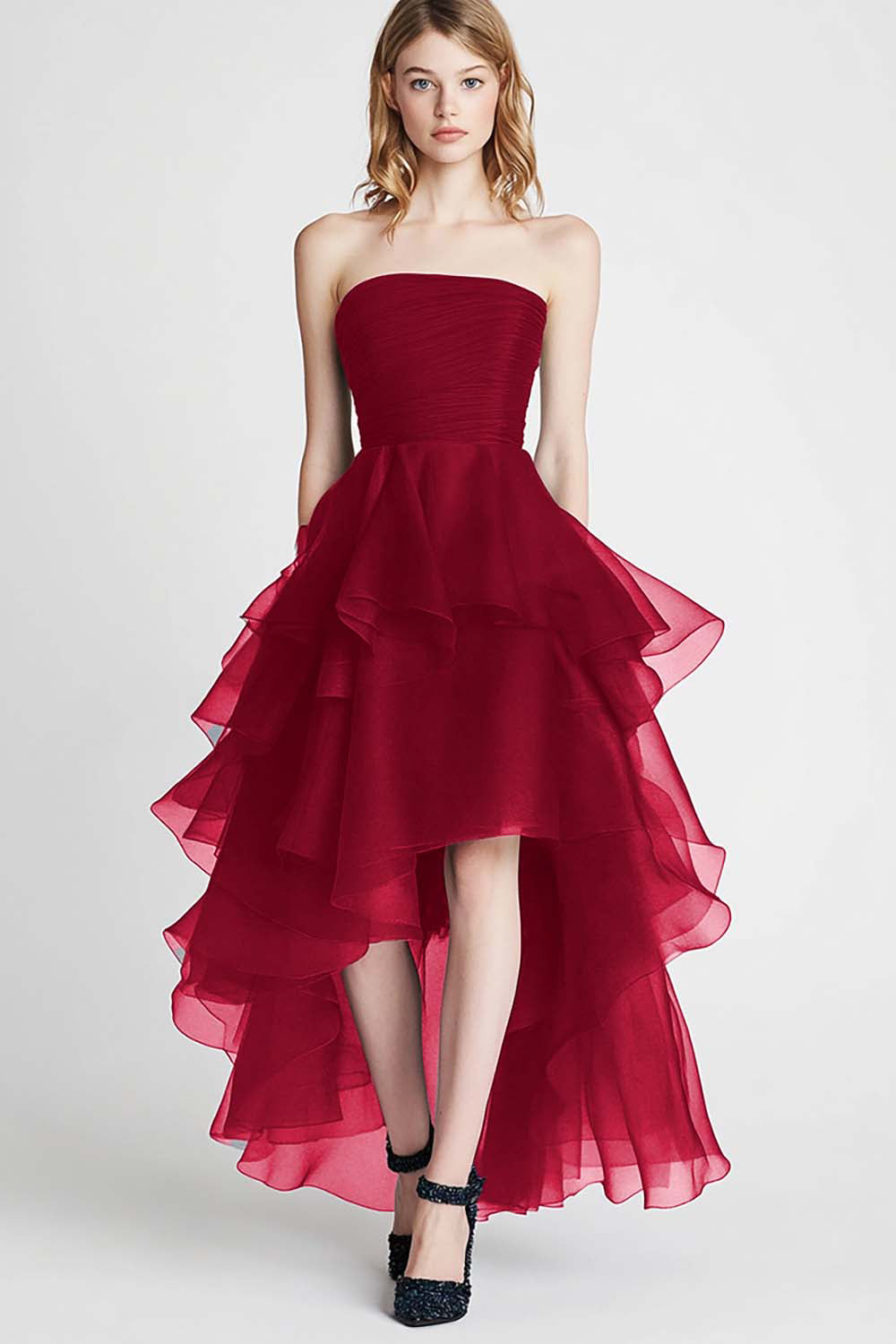 Organza A Line Navy Strapless Tiered Formal Dress