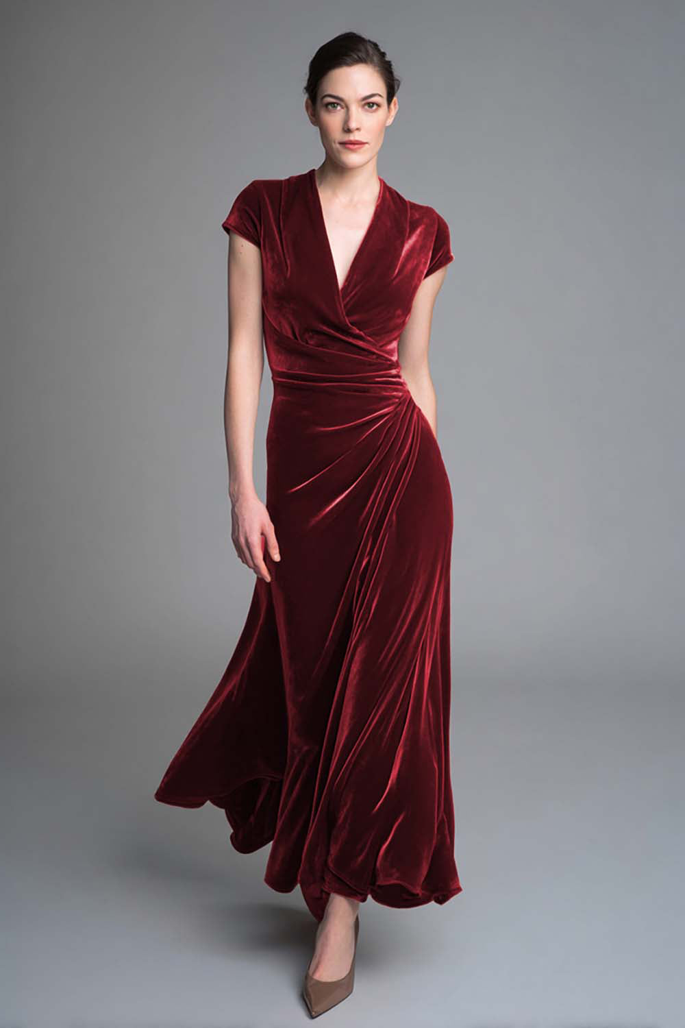Velvet Caramel Ruched V Neck Long Holiday Party Dress