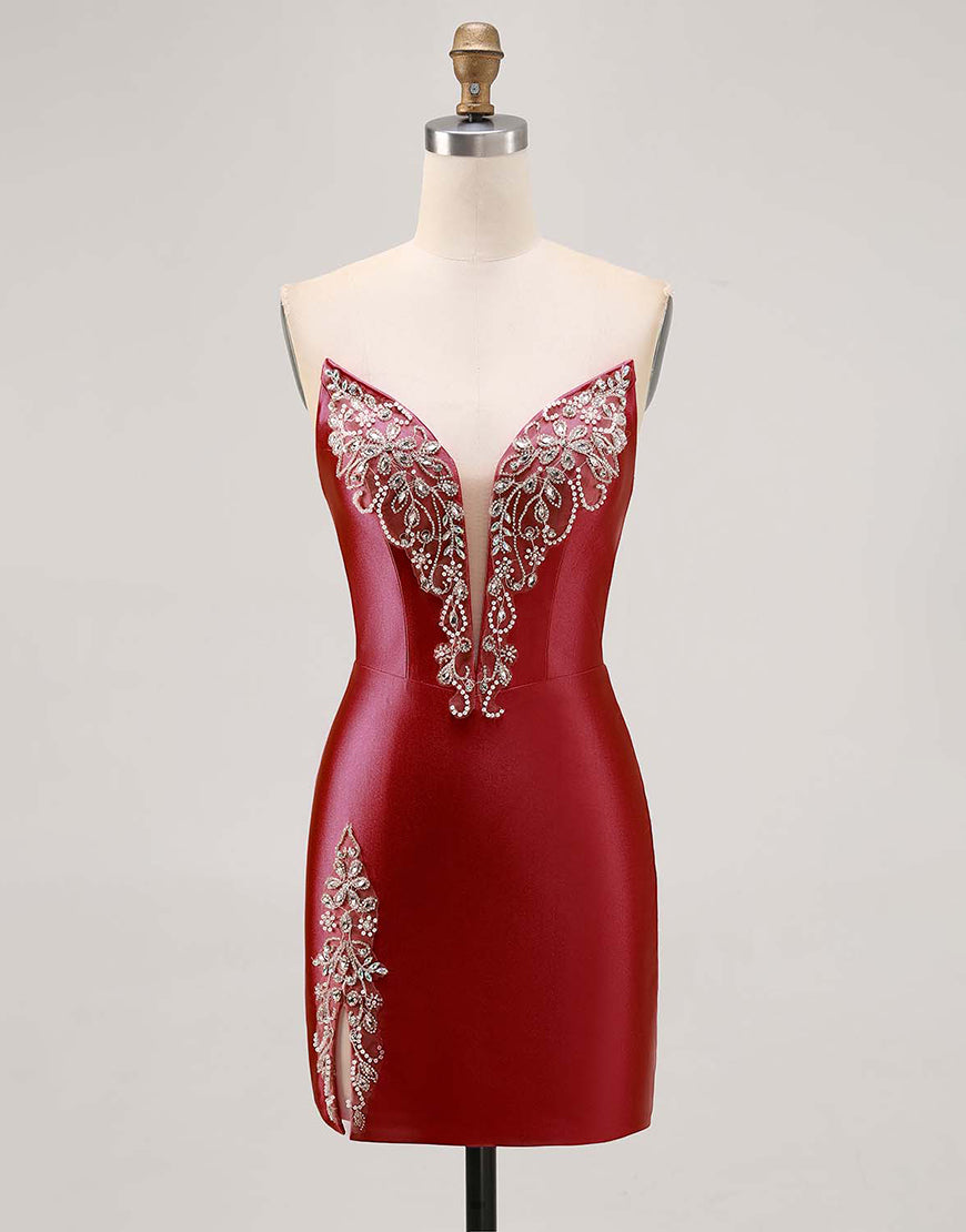 Fuchsia Strapless Beaded Bodycon Short Prom Dress with Slit