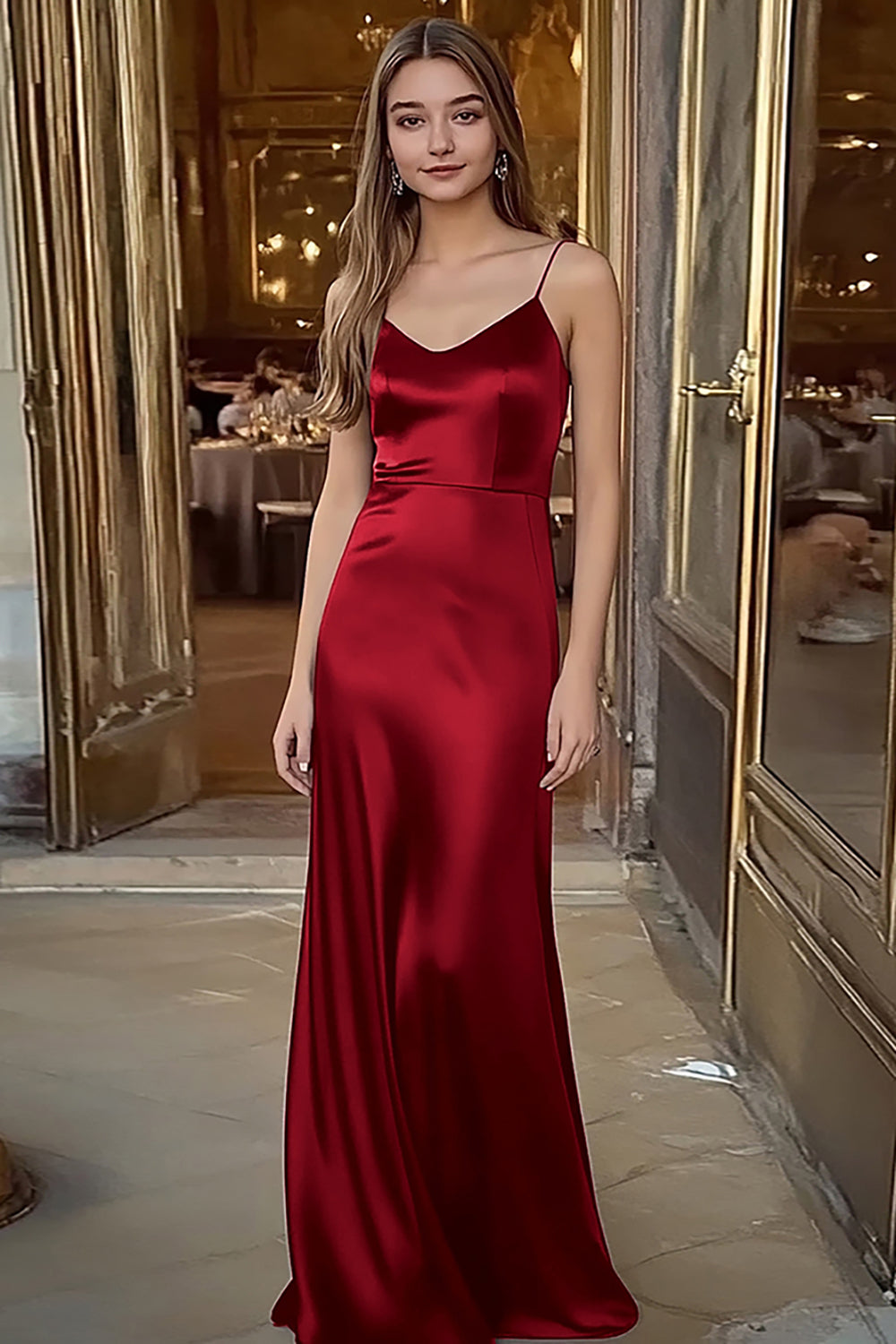 Spaghetti Straps Coffee Satin Long Formal Dress