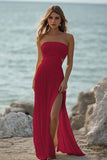 Strapless White A Line Pleated Beach Dress with Slit