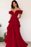 Lilac Ruffled Off the Shoulder A Line Pleated Prom Dress