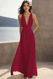 Ivory Ruched Chiffon Deep V-Neck Maxi Beach Engagement Dress