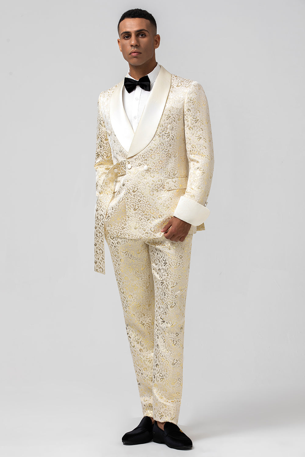 Glitter Champagne Shawl Lapel Jacquard 2 Piece Men's Prom Suits with Belt