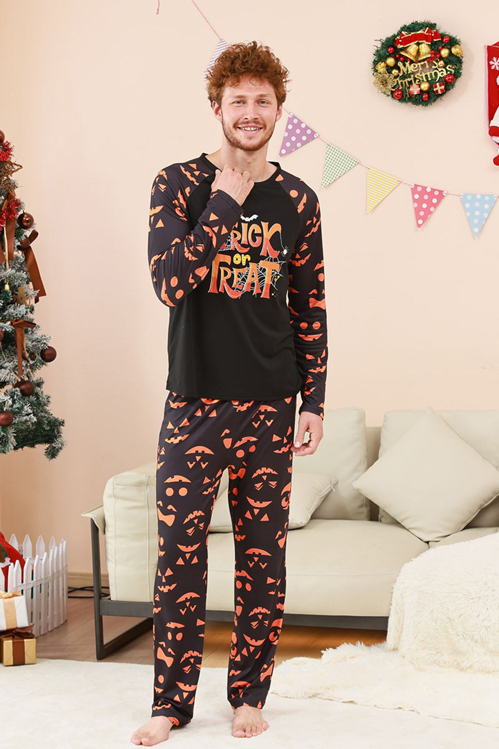 Black Trick or Treat Printed Halloween Family Pajamas Set
