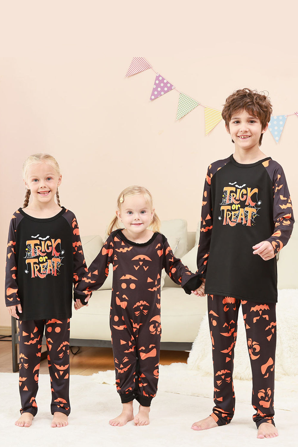Black Trick or Treat Printed Halloween Family Pajamas Set