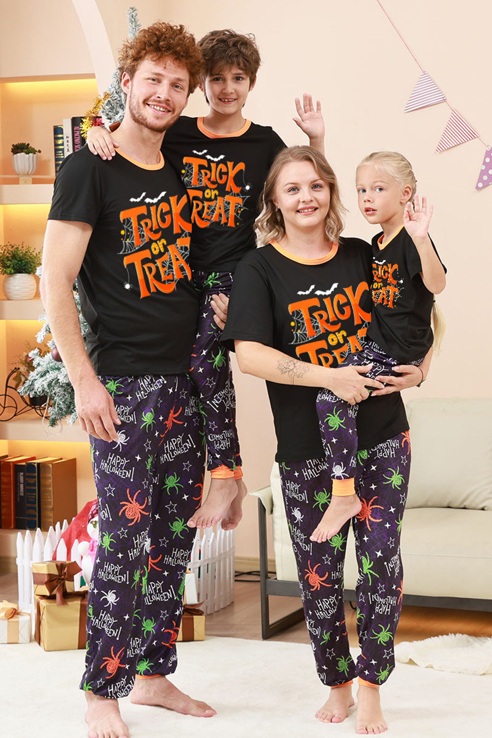 Black and Orange Spider Printed Halloween Family Pajamas Set