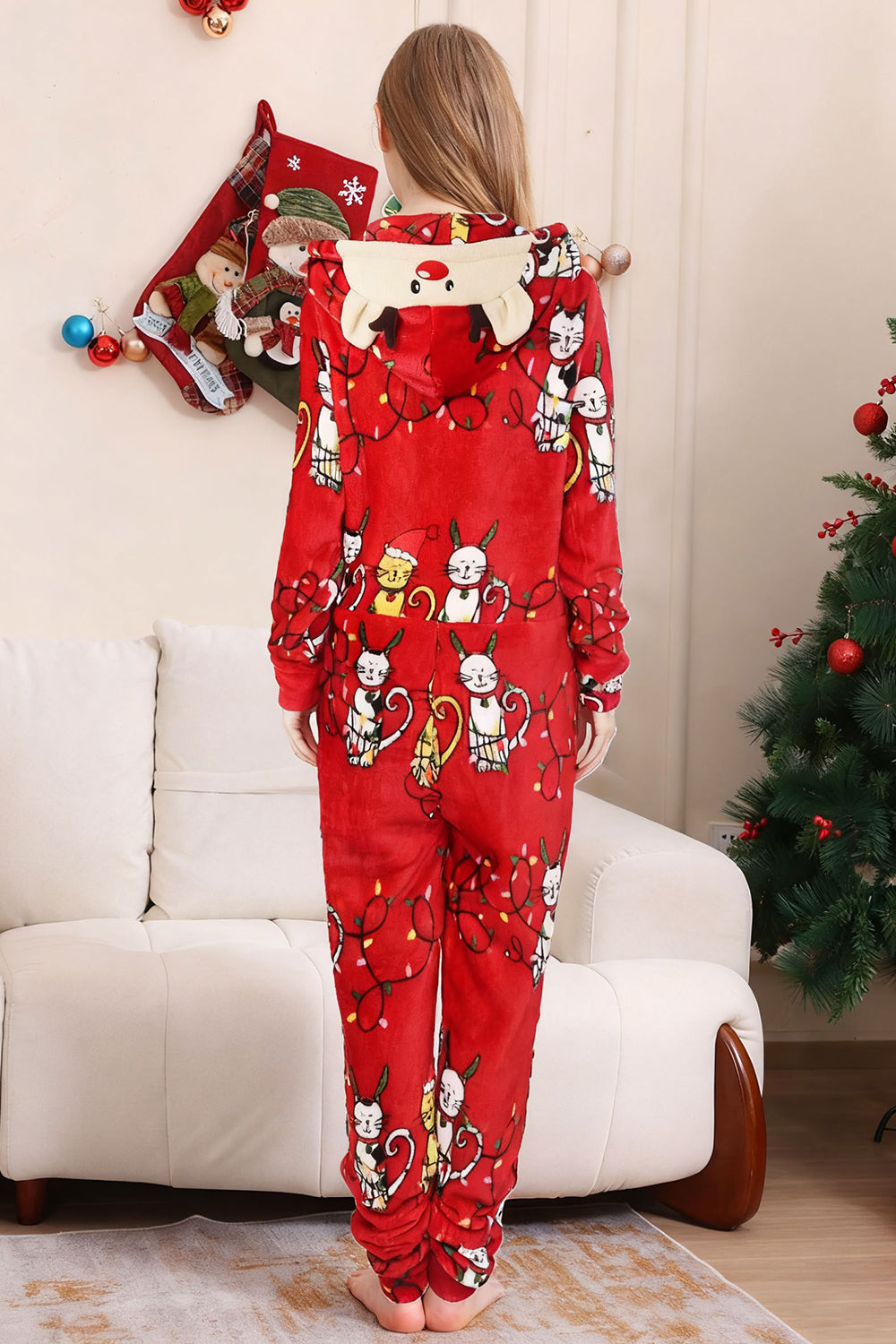 Red Long Sleeve Cat Pattern Hoooded Matching Family Pajamas